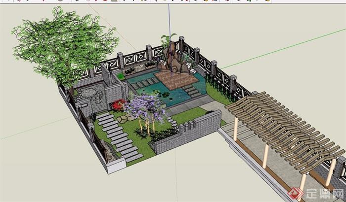 中式风格详细的小庭院景观详细设计su模型