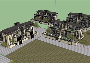 新古典风格住宅完整小区别墅详细建筑设计SU(草图大师)模型