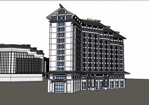 中式风格详细的高层酒店建筑设计SU(草图大师)模型