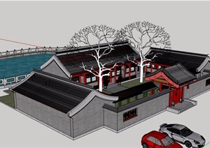 中式私人四合院住宅详细建筑设计SU(草图大师)模型