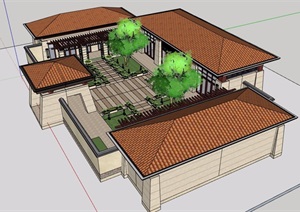 欧式单层合院住宅详细建筑设计SU(草图大师)模型