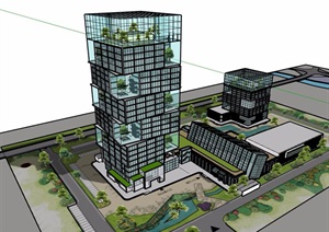 现代风格详细的商业办公建筑楼SU(草图大师)模型