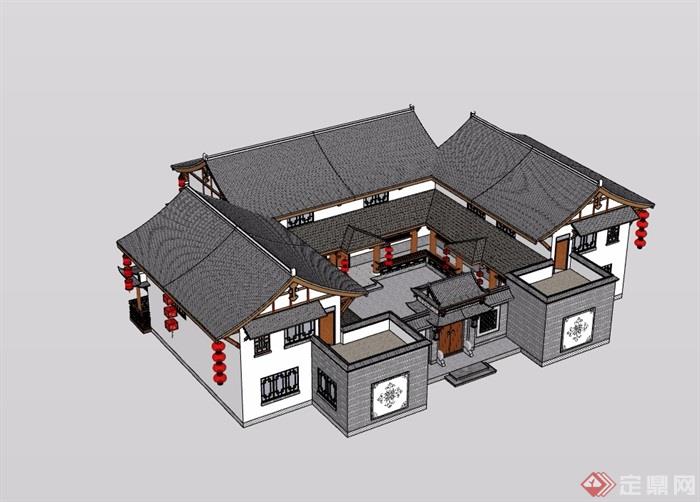 中式详细四合院民居住宅建筑设计su模型