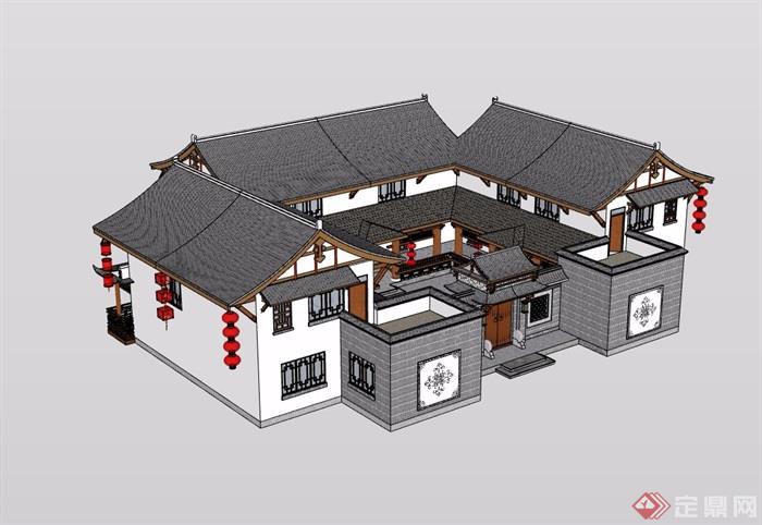 中式详细四合院民居住宅建筑设计su模型
