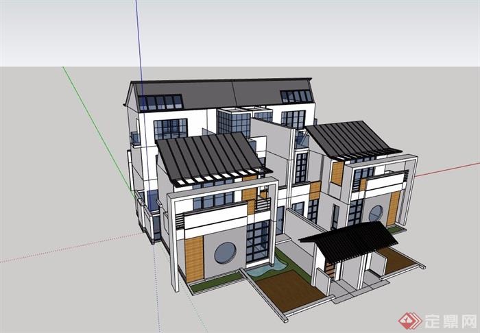 中式风格双拼住宅别墅建筑设计su模型