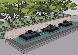 现代风格详细的喷泉水池景观设计SU(草图大师)模型