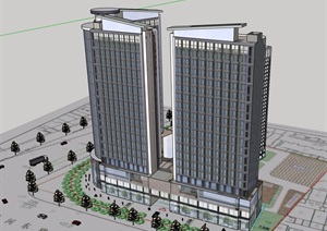 现代风格详细的商业办公楼建筑设计SU(草图大师)模型