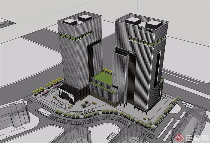现代风格详细的完整办公楼建筑设计su模型