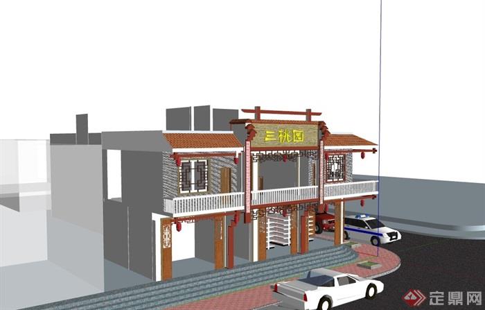 中式风格两层餐厅建筑设计su模型