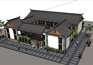 中式合院餐厅建筑设计SU(草图大师)模型