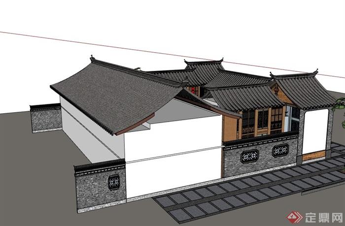 中式合院餐厅建筑设计su模型