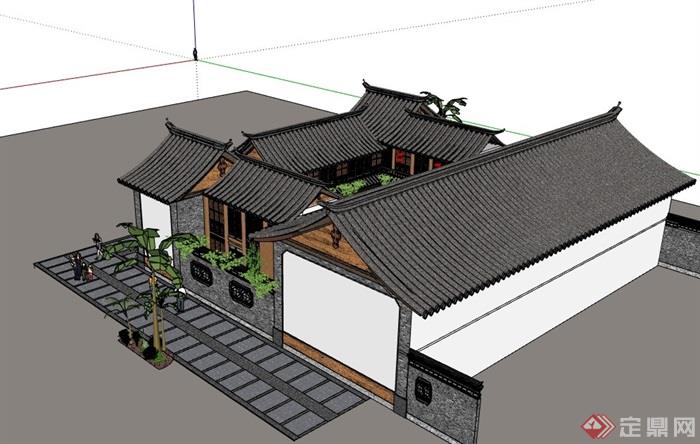 中式合院餐厅建筑设计su模型
