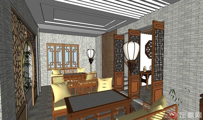 中式风格详细的餐饮茶楼内部装饰设计su模型
