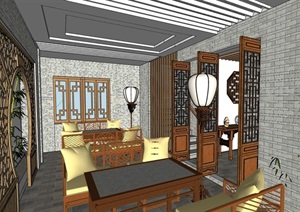 中式风格详细的餐饮茶楼内部装饰设计SU(草图大师)模型