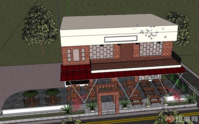 两层餐饮咖啡厅详细建筑设计su模型