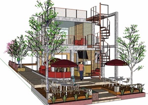 现代两层咖啡厅详细建筑设计SU(草图大师)模型