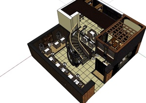 详细的咖啡厅内部室内装饰设计SU(草图大师)模型
