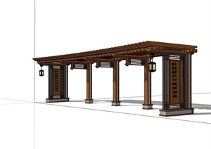 新中式完整木质廊架素材SU(草图大师)模型