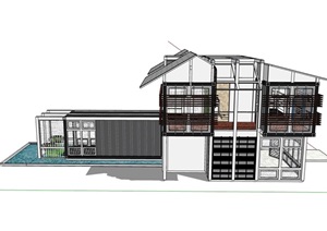 现代风格两层完整的集装箱建筑SU(草图大师)模型