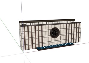 某详细新中式喷泉水池景墙设计SU(草图大师)模型
