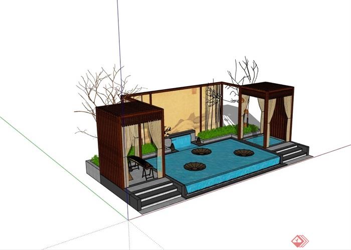 某详细新中式完整水池景墙设计su模型