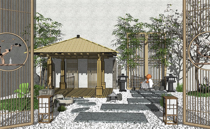 日式庭院景观 景观小品 景观亭 石头su模型(2)