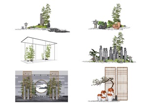 新中景观小品庭院景观拴马柱植物组合SU(草图大师)模型