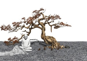 新中式景观小品 松树 佛像 枯山石SU(草图大师)模型