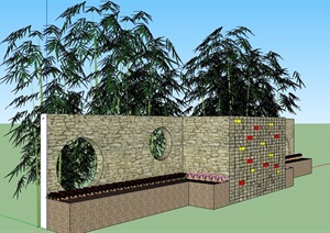 园林景观详细的景墙及坐凳设计SU(草图大师)模型
