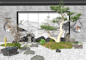 新中式景观小品庭院景观背景墙石头组合SU(草图大师)模型