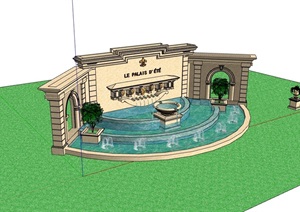 欧式详细的完整水池景墙设计SU(草图大师)模型