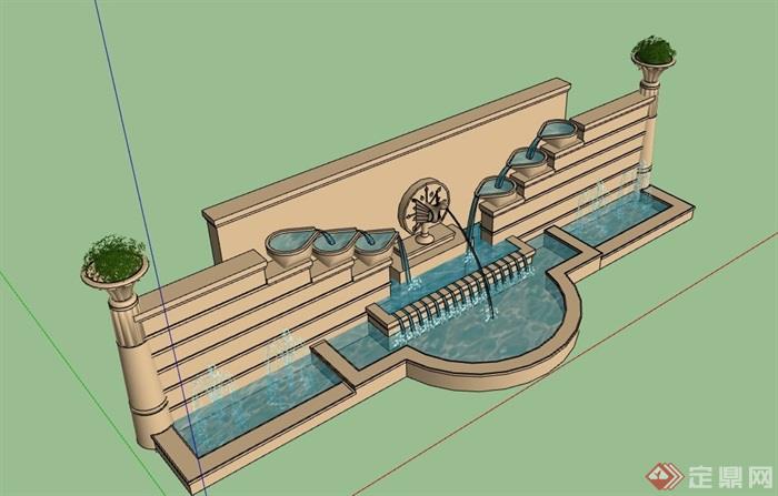 欧式风格详细的喷泉水池景墙设计su模型