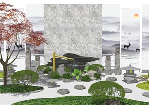 新中式庭院景观 日式景观小品 滨水景观 景观小品 景墙 景观树 石头草坪 SU(草图大师)模型