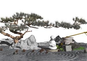 新中式 景观小品 松树佛像 跌水景观SU(草图大师)模型