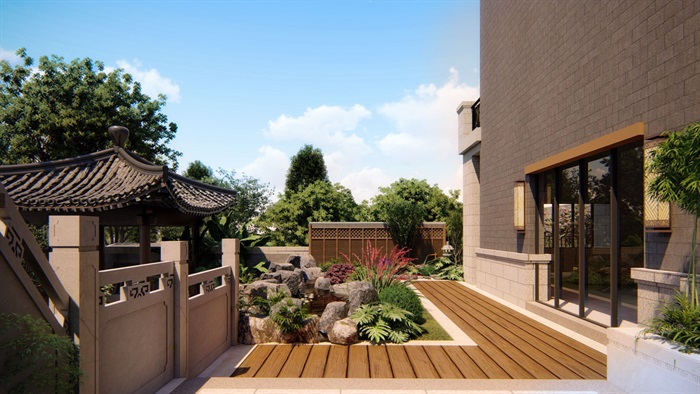 中式别墅庭院景观SU模型(5)