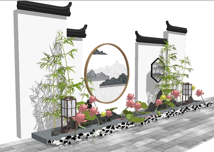 新中式禅意景墙SU模型(2)