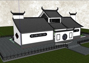 中式独特公共卫生间建筑设计SU(草图大师)模型
