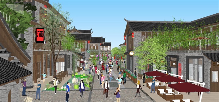 古典中式古镇旅游商业街SU模型(6)