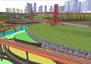 现代大型生态湿地体育公园与游廊走道SU(草图大师)模型
