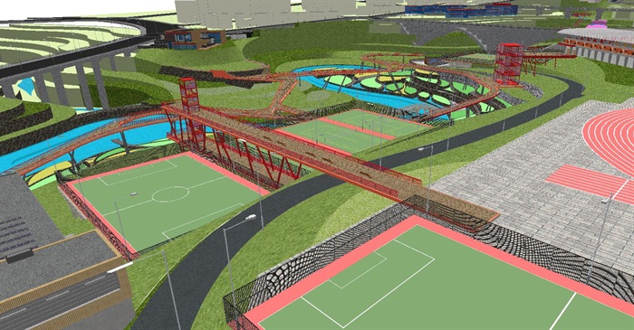 现代大型生态湿地体育公园与游廊走道SU模型(4)