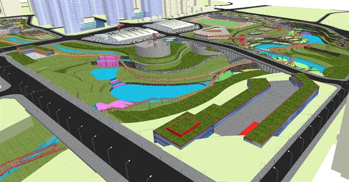 现代大型生态湿地体育公园与游廊走道SU模型(6)