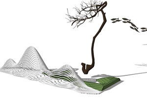 现代不锈钢抽象山体与鱼群雕塑SU(草图大师)模型