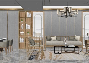 新中式风格客餐厅 沙发茶几组合 背景墙 餐桌 吊灯 餐桌椅组合SU(草图大师)模型