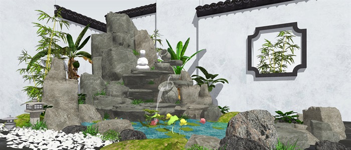 新中式景观小品跌水景观假山叠石石头植物su模型(1)