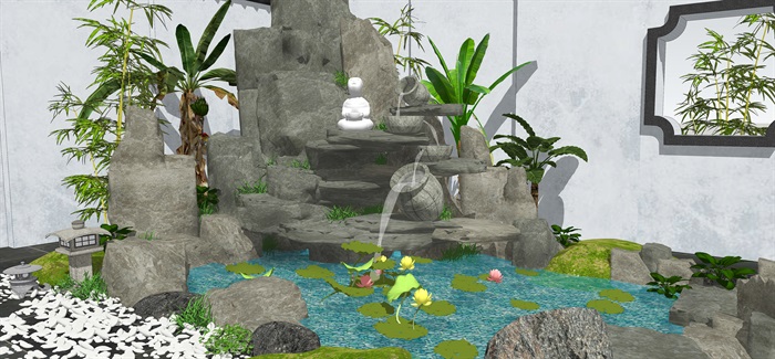 新中式景观小品跌水景观假山叠石石头植物su模型(2)