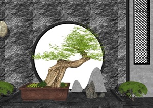 新中式风格庭院景观 禅意庭院景观 景观小品 景观树 景墙SU(草图大师)模型