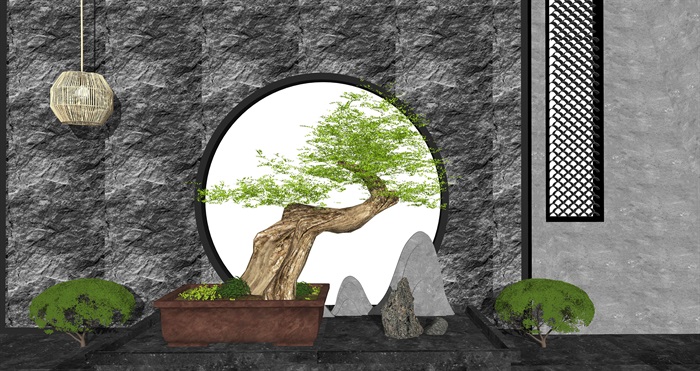 新中式风格庭院景观 禅意庭院景观 景观小品 景观树 景墙su模型(1)