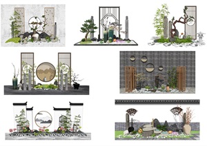 新中式庭院景观 景观小品 景墙 隔断 滨水景观 景观树SU(草图大师)模型