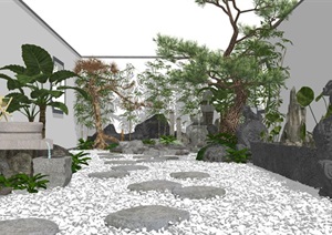 新中式 庭院景观 景观小品 跌水景观 水景 植物 松树 石头 假山SU(草图大师)模型