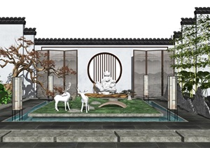 新中式庭院景观 景墙 背景墙 庭院景观SU(草图大师)模型
